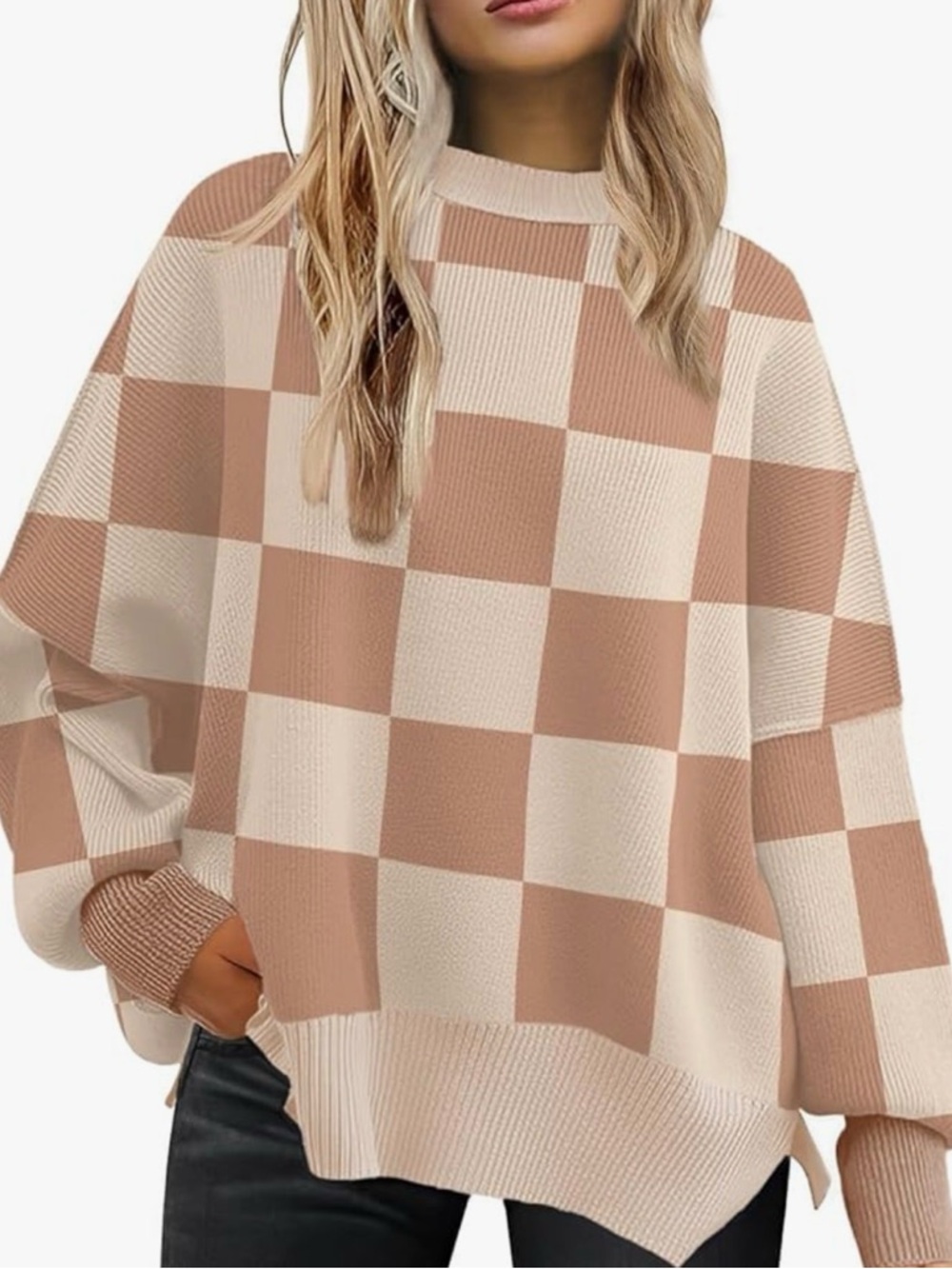 Checkerboard Knit Sweater in Beige and Tan